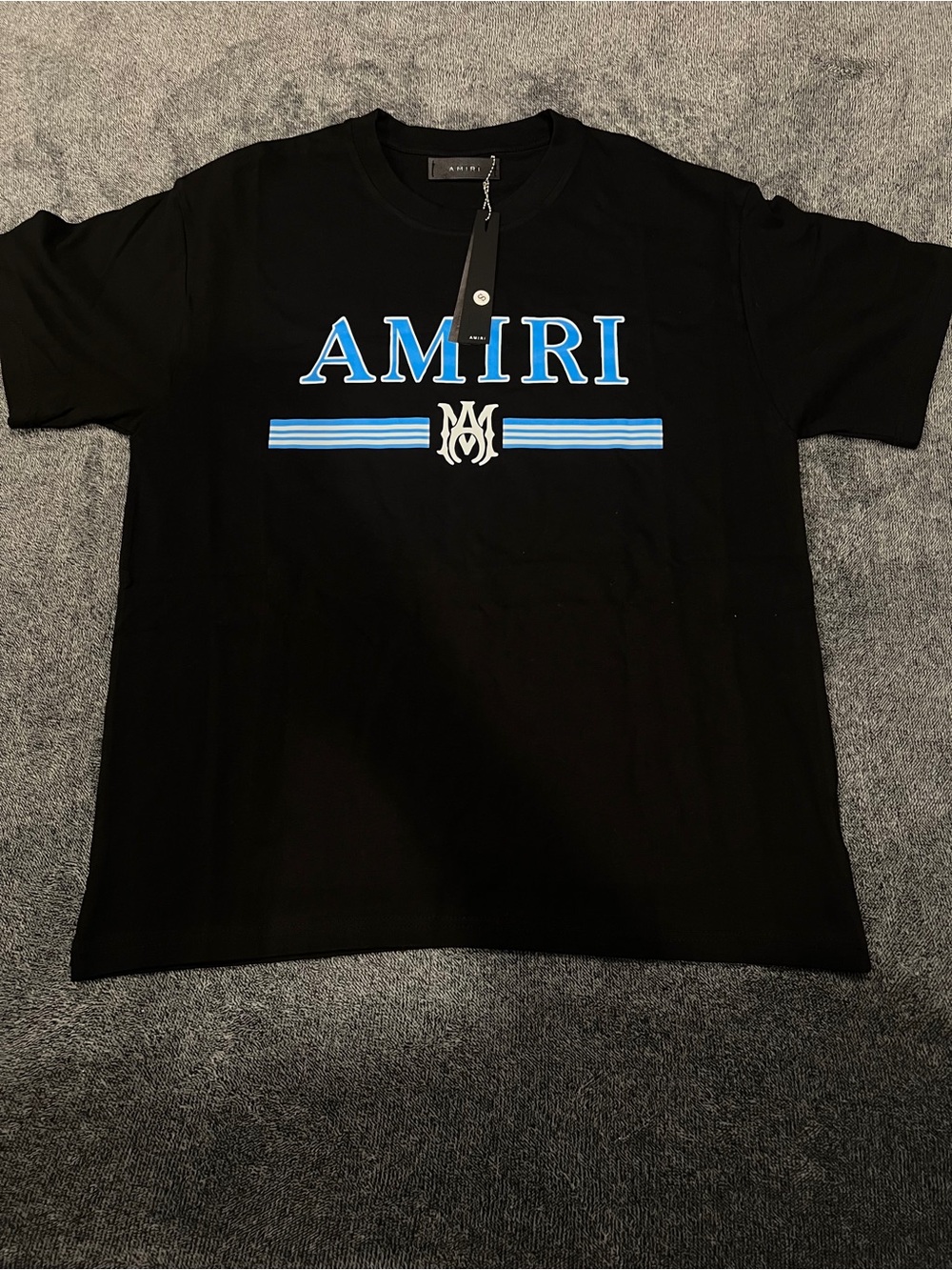 AMIRI Black Tee with Light Blue Logo and Stripes